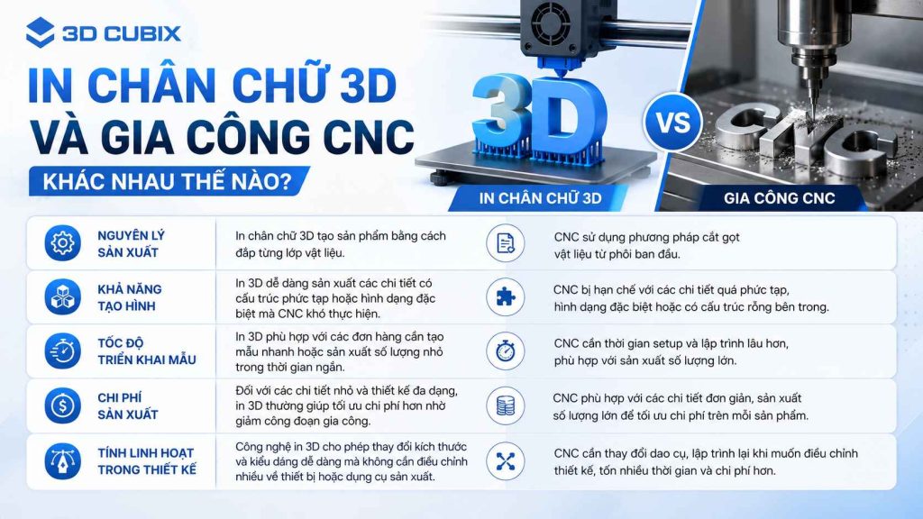 In chân chữ 3D và gia công CNC khác nhau thế nào?